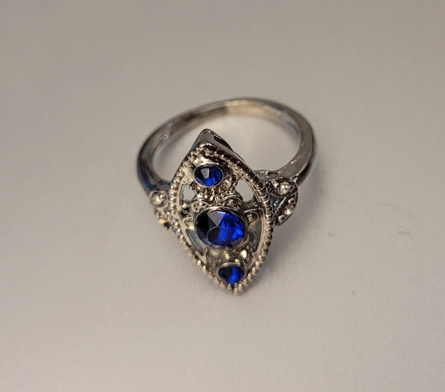 Vintage Blue Sapphire Marquise Antique Art Deco Silver Ring