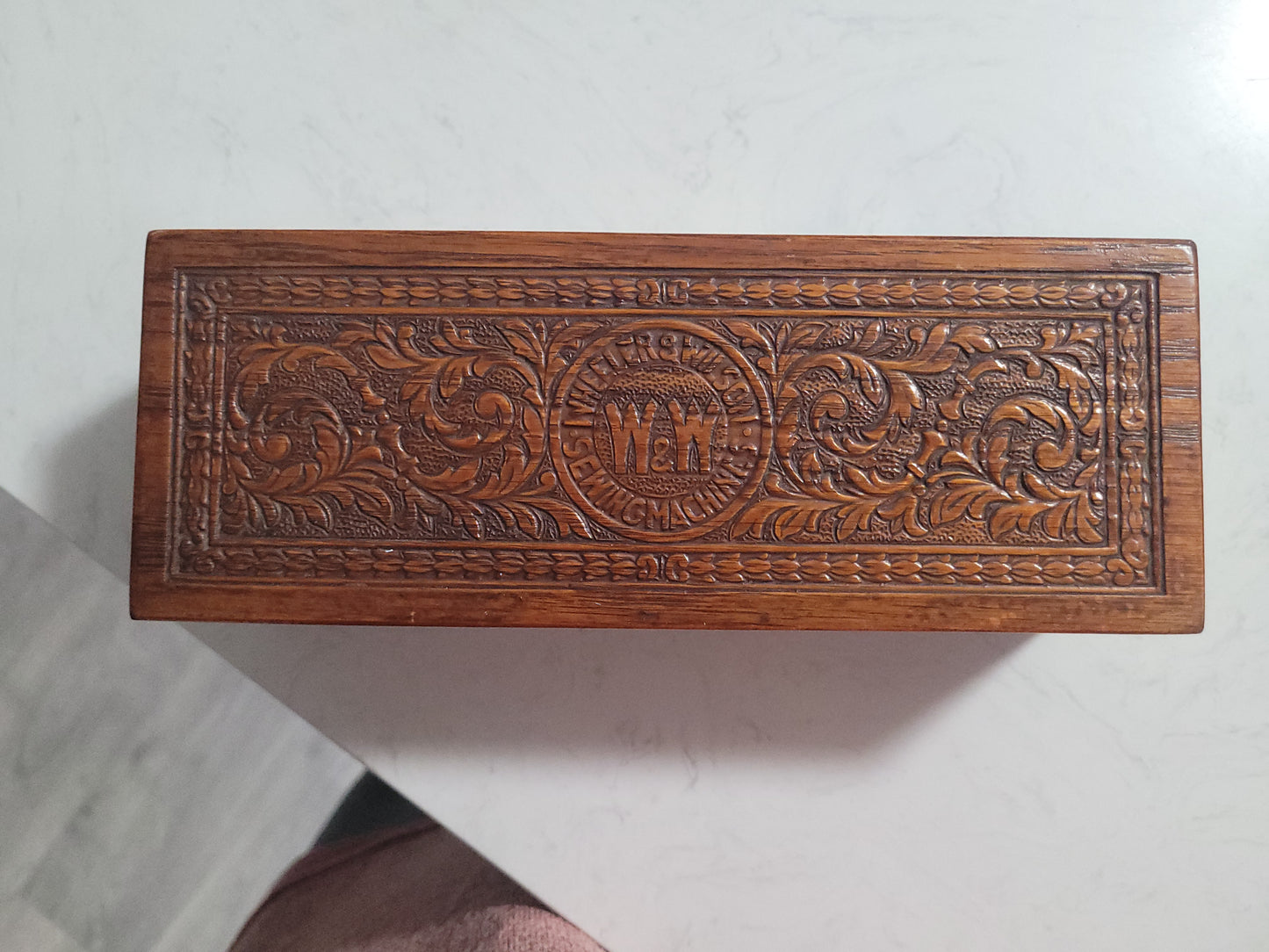 Antique Wheeler & Wilson Carved Wooden Sewing Accessories Box