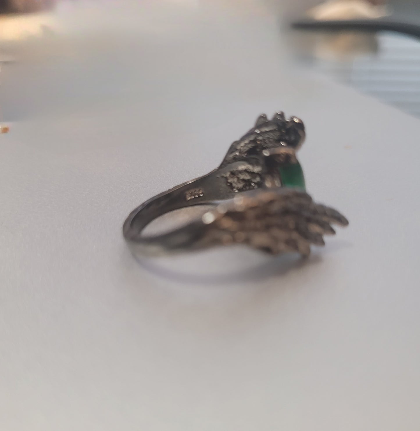 Black Gothic Angel Wing S925 Green Marquise Crystal Ring