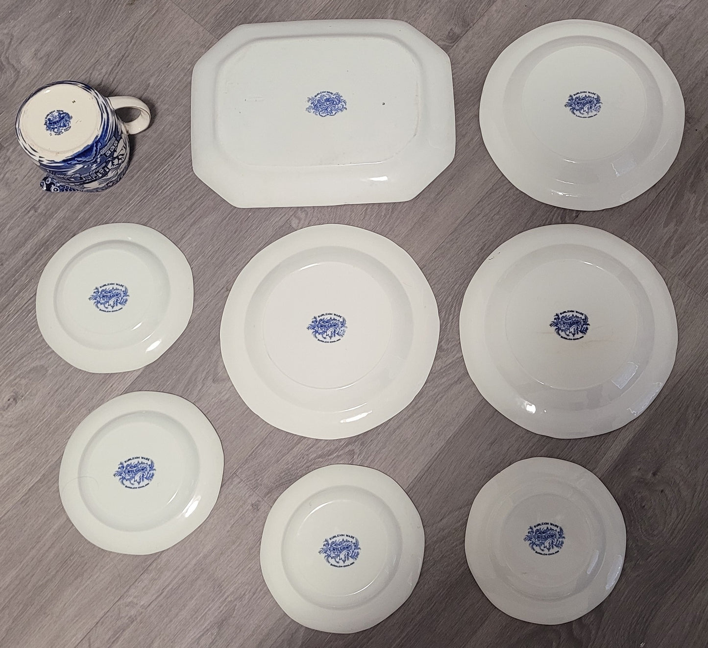 1930s Burleigh Ware Blue Willow Gold Trim "Burslem" Set - 9 Pcs
