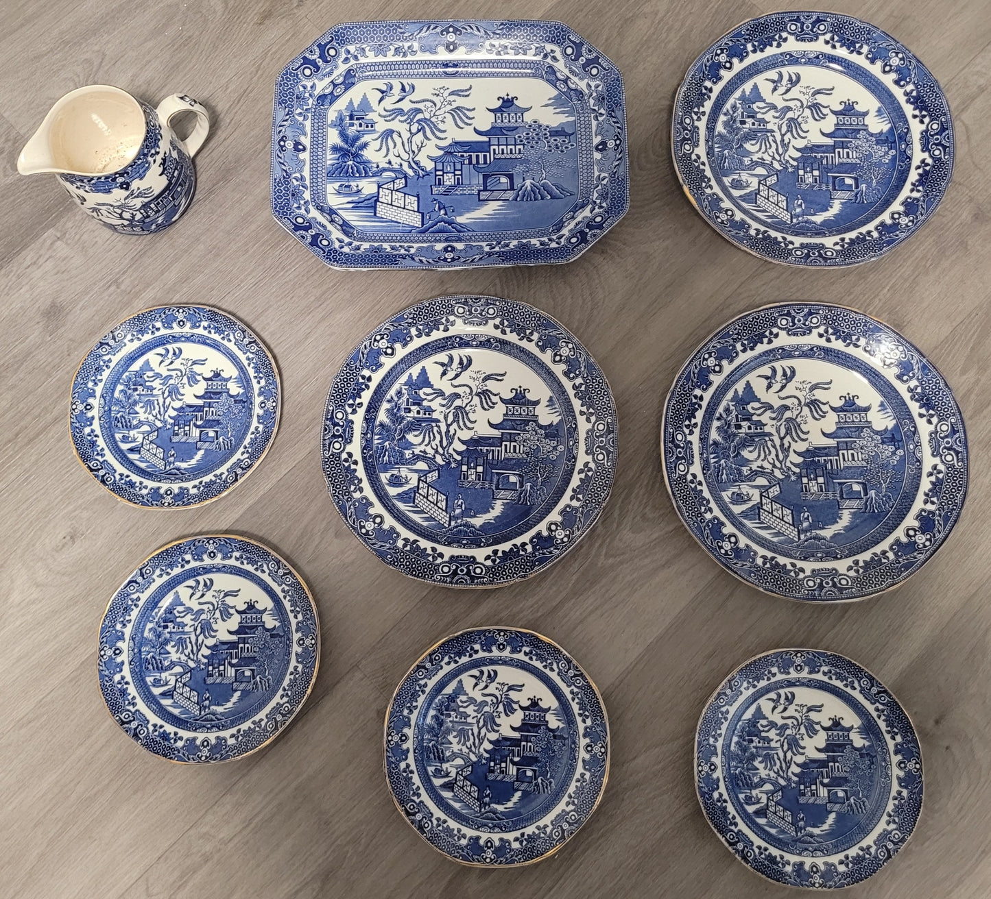 1930s Burleigh Ware Blue Willow Gold Trim "Burslem" Set - 9 Pcs