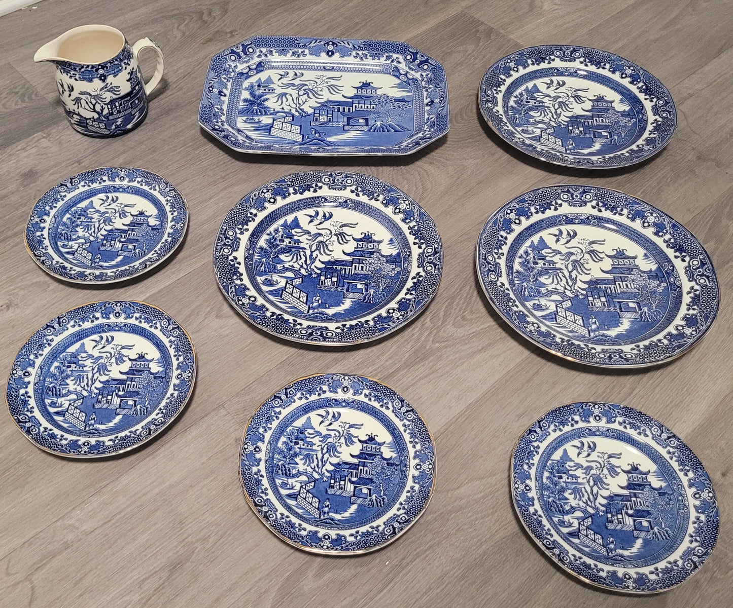 1930s Burleigh Ware Blue Willow Gold Trim "Burslem" Set - 9 Pcs