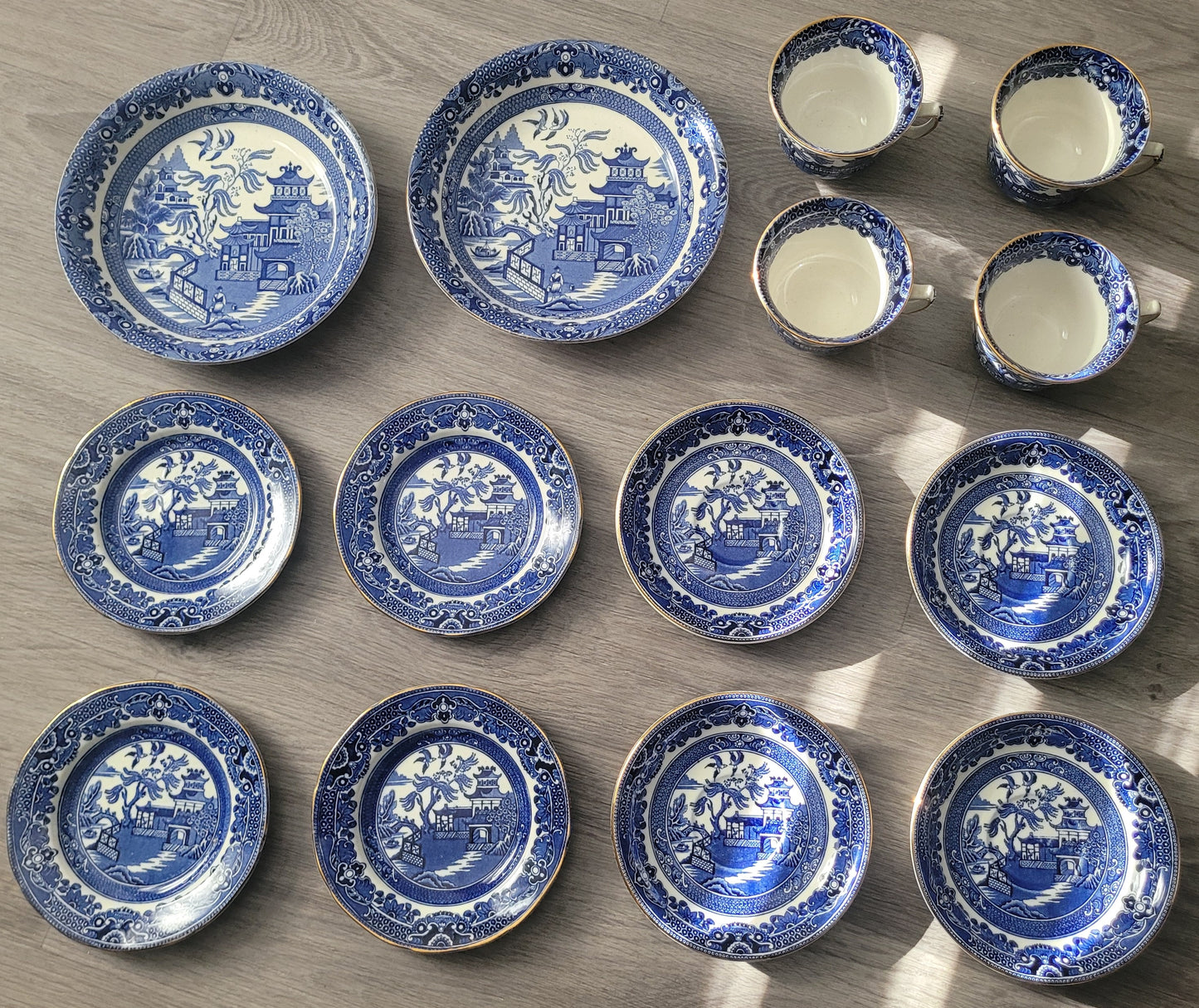 Burleigh Ware Blue Willow Gold Trim 14pc Set