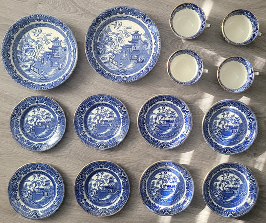 Burleigh Ware Blue Willow Gold Trim 14pc Set