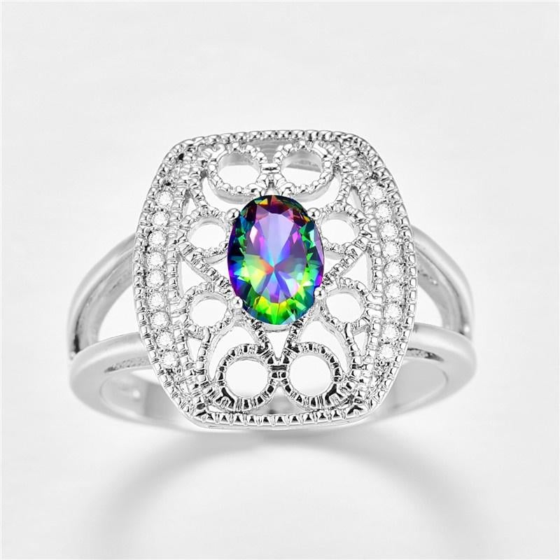 925 Sterling Silver Mystic Rainbow Topaz Hollow Celtic Ring