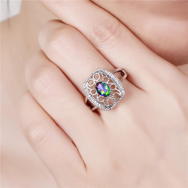 925 Sterling Silver Mystic Rainbow Topaz Hollow Celtic Ring