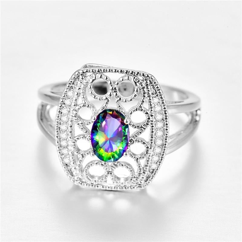 925 Sterling Silver Mystic Rainbow Topaz Hollow Celtic Ring