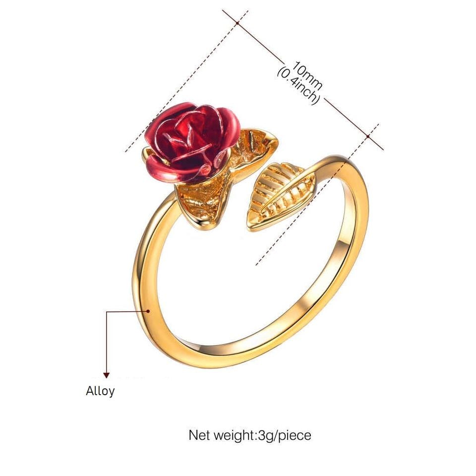 Exquisite Red Rose Flower Leaf Open Cocktail Ring