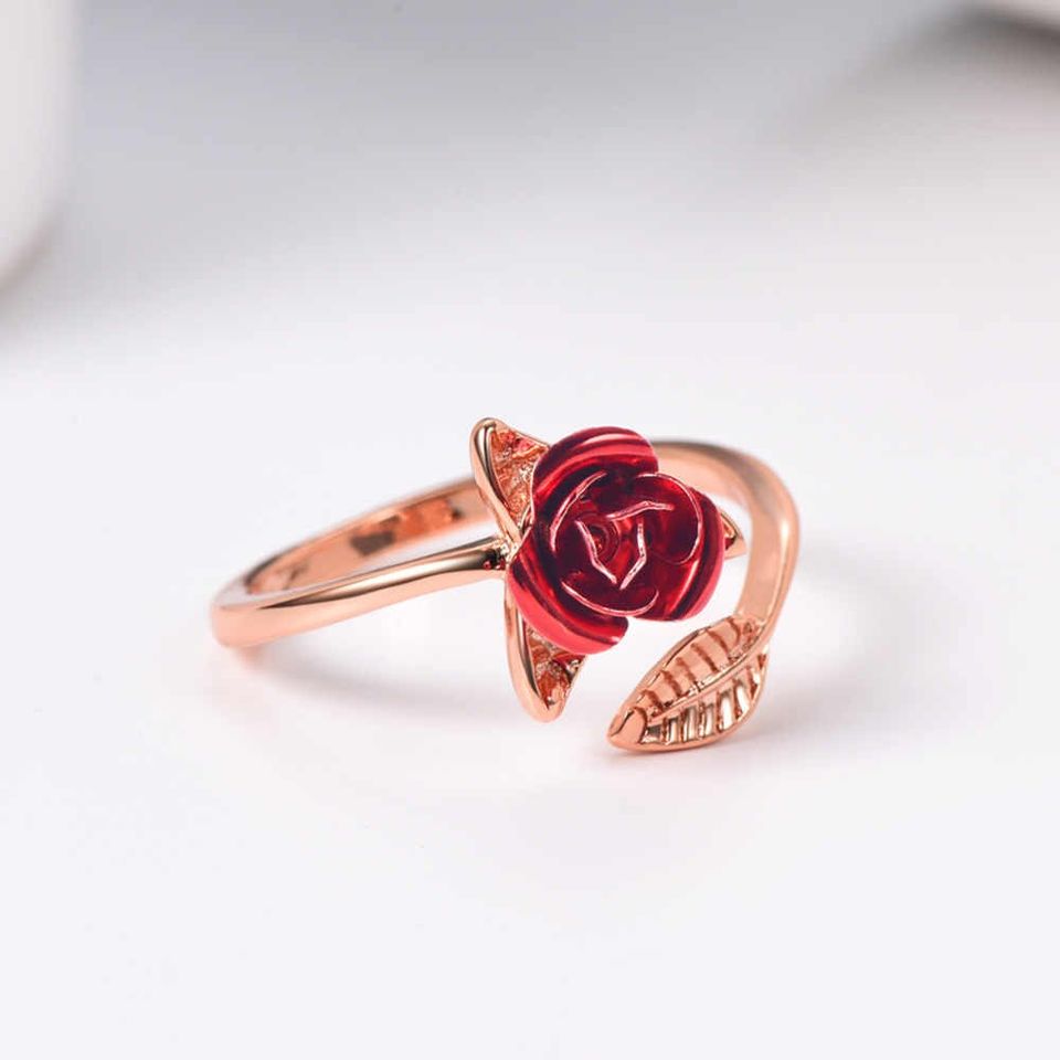 Exquisite Red Rose Flower Leaf Open Cocktail Ring