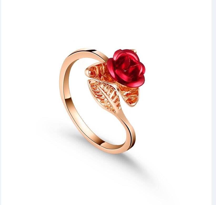 Exquisite Red Rose Flower Leaf Open Cocktail Ring