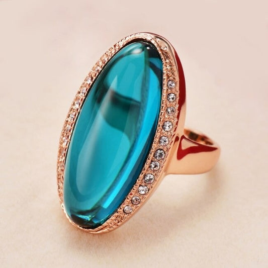 Big Oval Shining Blue Crystal Luxury Rose Gold Ring