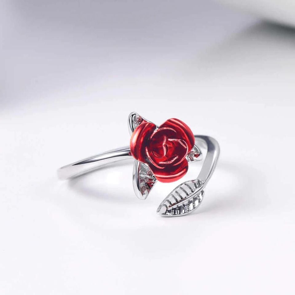 Exquisite Red Rose Flower Leaf Open Cocktail Ring