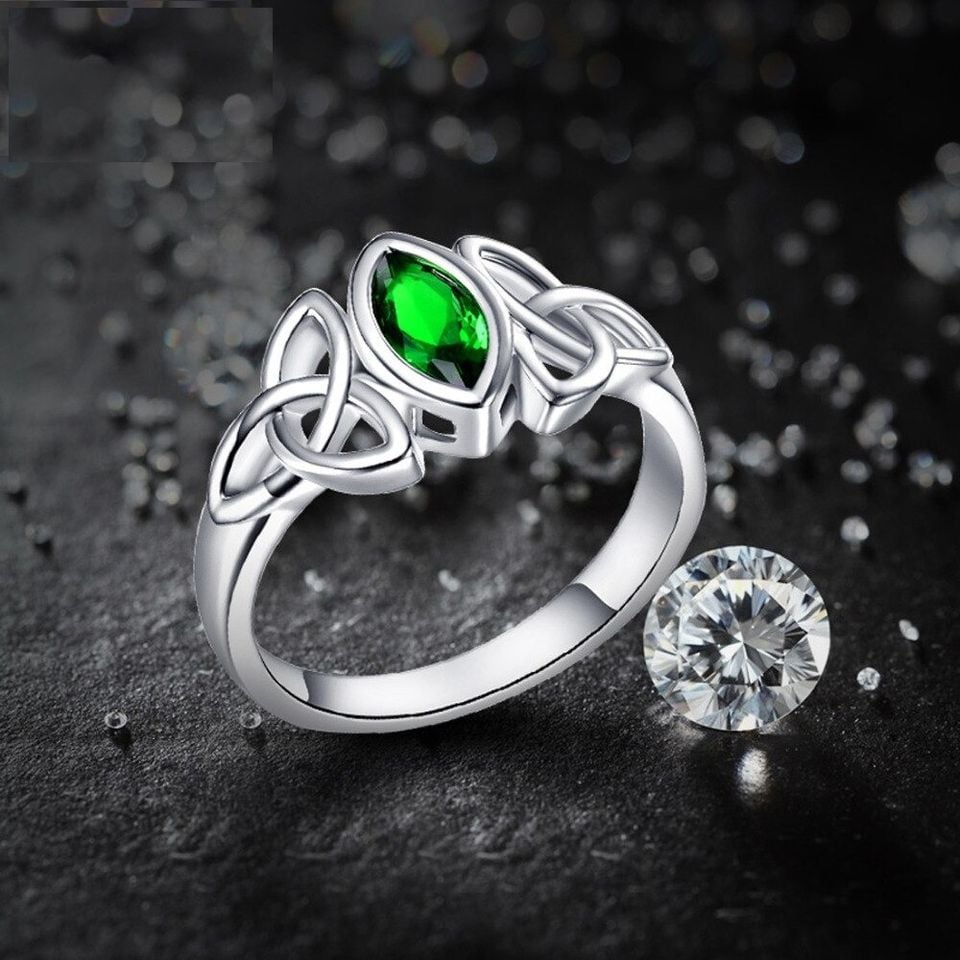 Green Solitaire Marquise Silver Celtic Ring