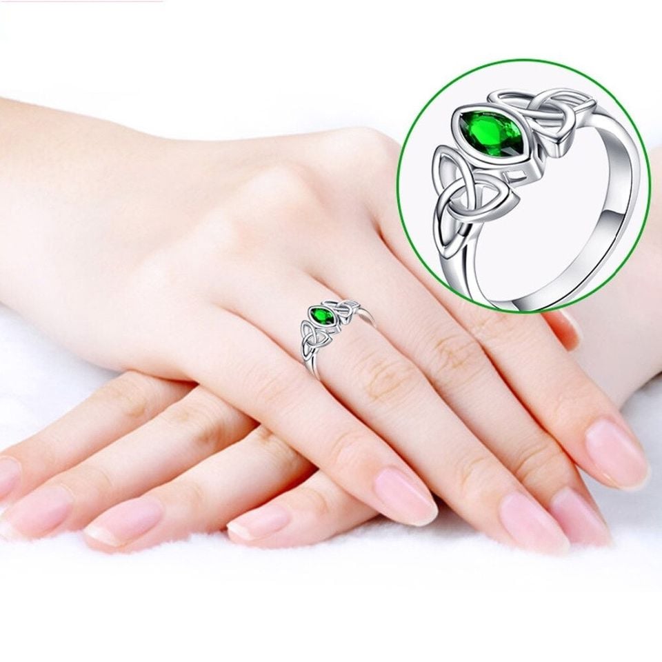 Green Solitaire Marquise Silver Celtic Ring