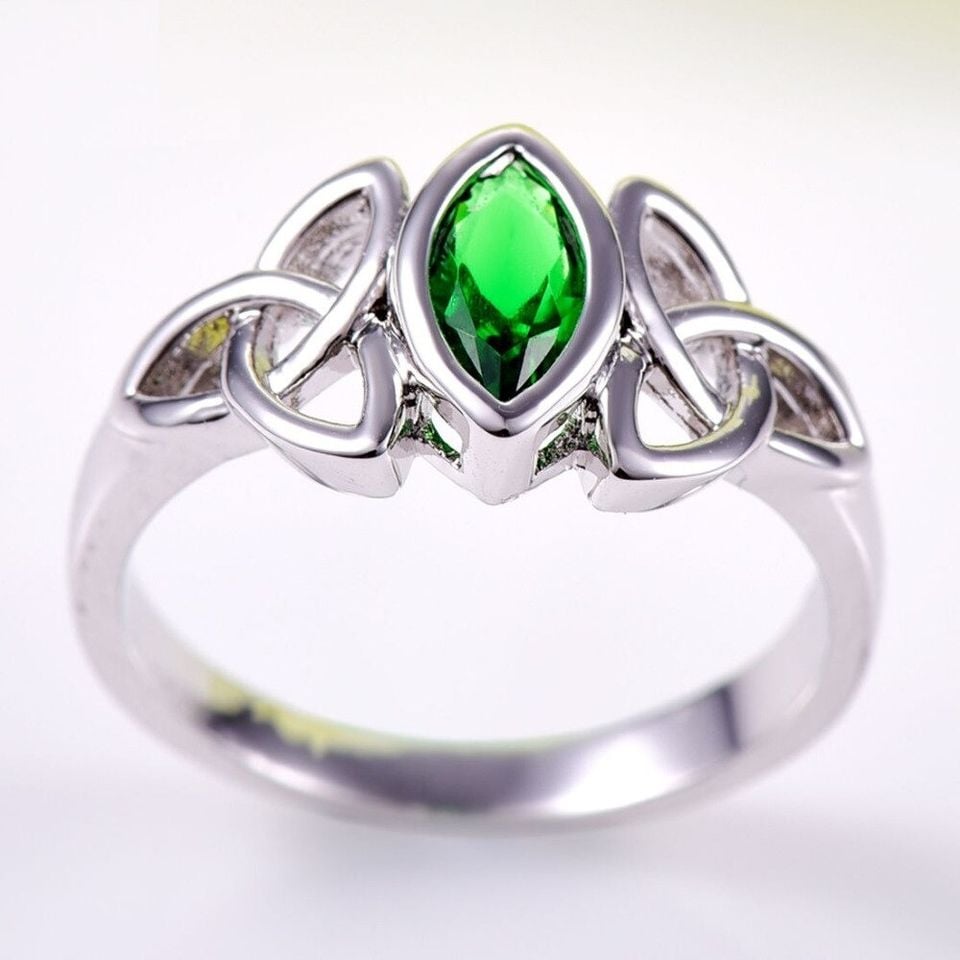 Green Solitaire Marquise Silver Celtic Ring