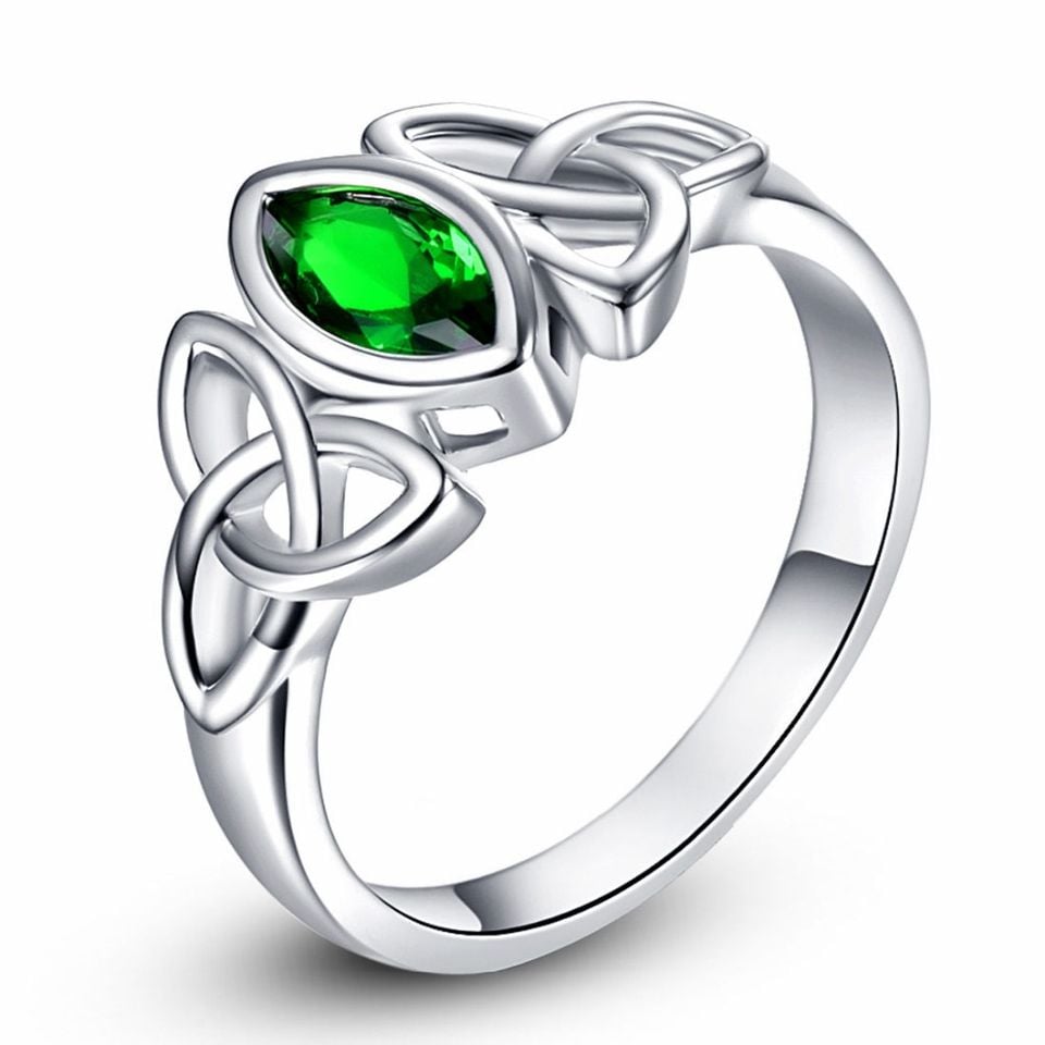 Green Solitaire Marquise Silver Celtic Ring