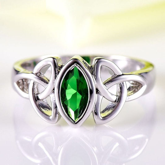 Green Solitaire Marquise Silver Celtic Ring