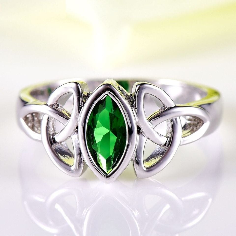 Green Solitaire Marquise Silver Celtic Ring