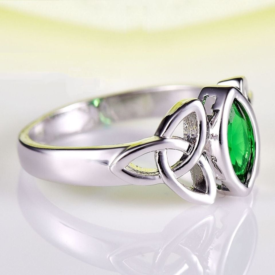 Green Solitaire Marquise Silver Celtic Ring