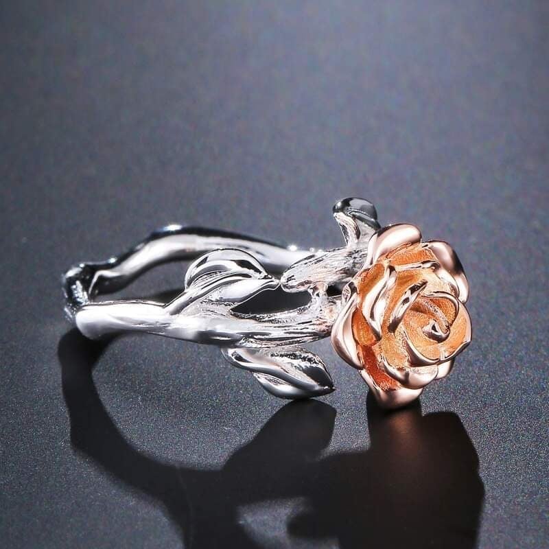 Handmade Silver Branch Red Rose Flower Leaves Cocktail Ring