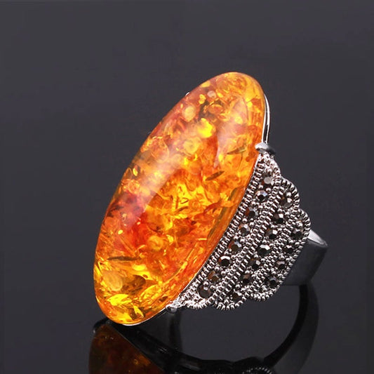 Vintage 32mm Orange Amber Antique Silver Ring