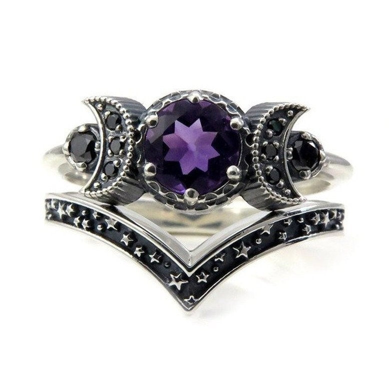 2pcs Vintage Triple Moon Purple Amethyst Silver Gothic Ring