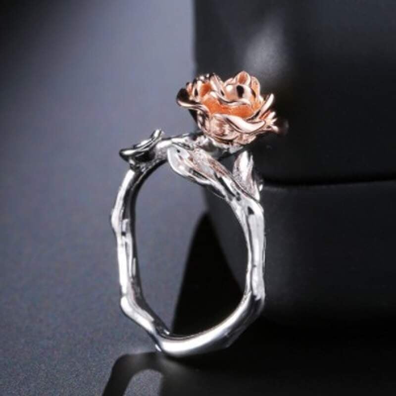 Handmade Silver Branch Red Rose Flower Leaves Cocktail Ring