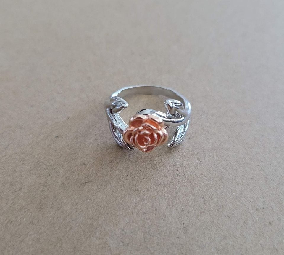 Handmade Silver Branch Red Rose Flower Leaves Cocktail Ring