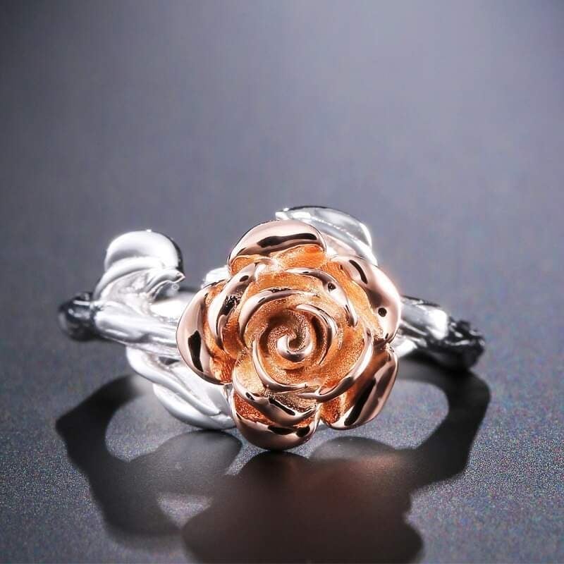 Handmade Silver Branch Red Rose Flower Leaves Cocktail Ring