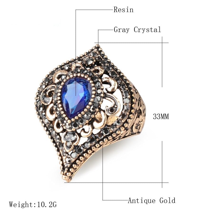 Vintage Indian Blue Crystal Antique Gold Bohemia Ring
