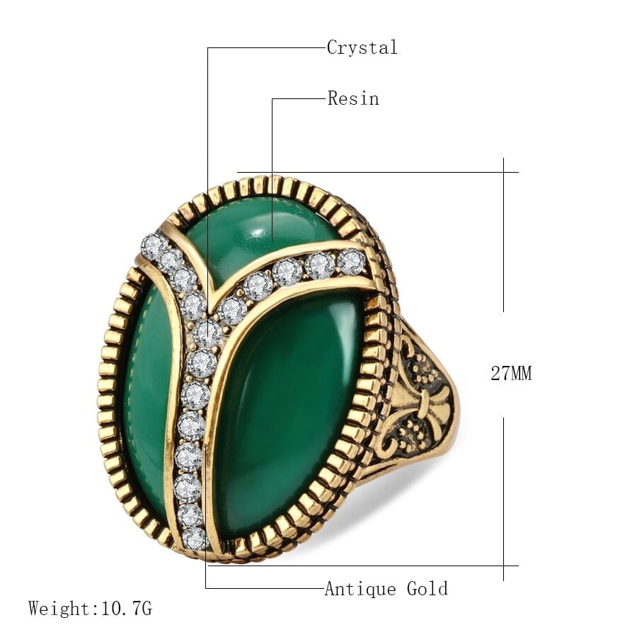 Big Vintage 27mm Mosaic Green Resin Antique Gold Ring