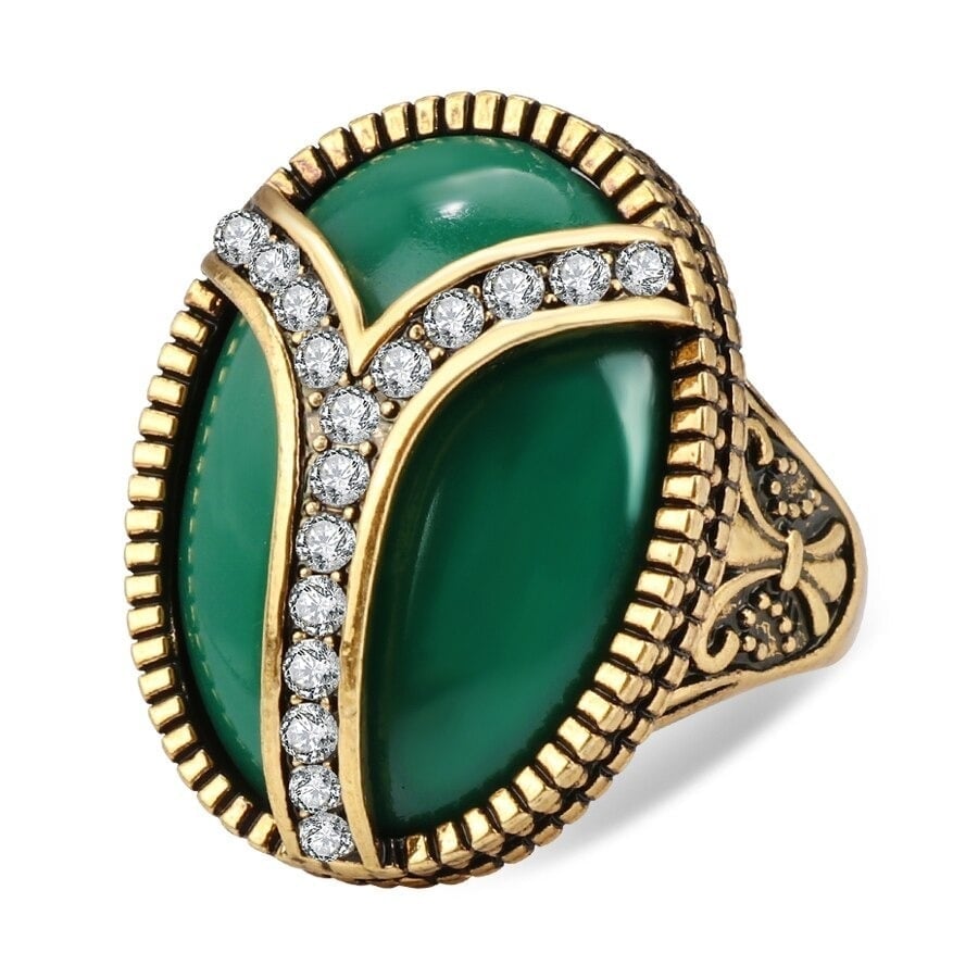 Big Vintage 27mm Mosaic Green Resin Antique Gold Ring