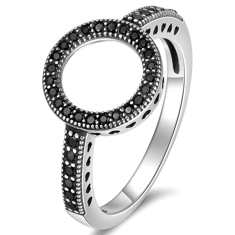 Unique Black Rhinestone Halo Hollow Round Silver Ring