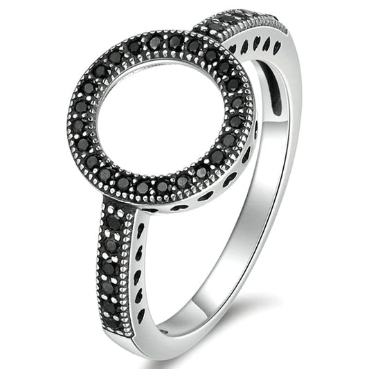 Unique Black Rhinestone Halo Hollow Round Silver Ring