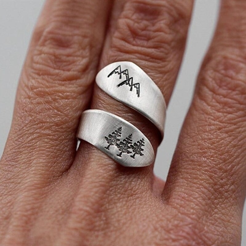 Engraved Wide Mountain Peak Open Silver Ring