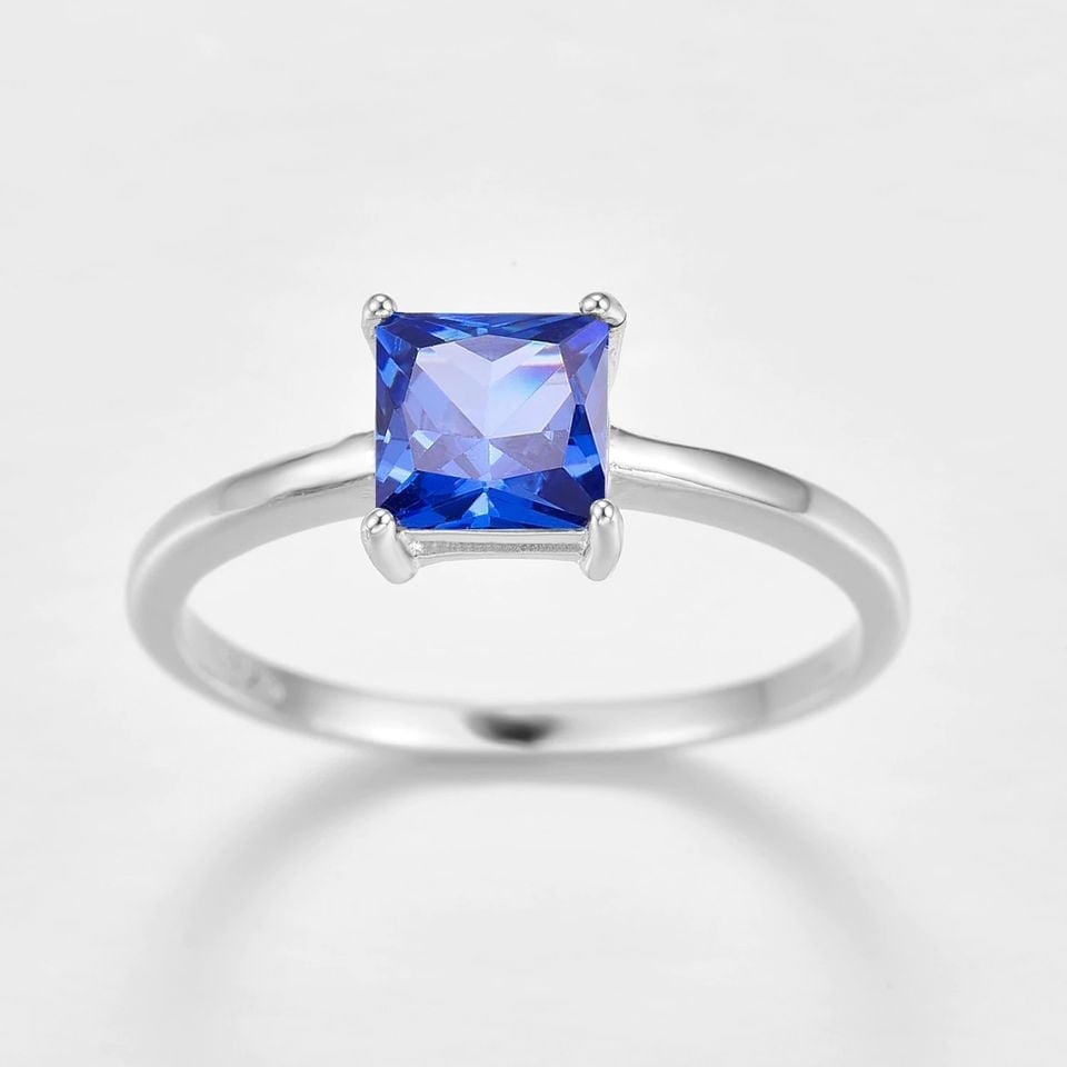 925 Sterling Silver Square Blue Tanzanite Solitaire Ring