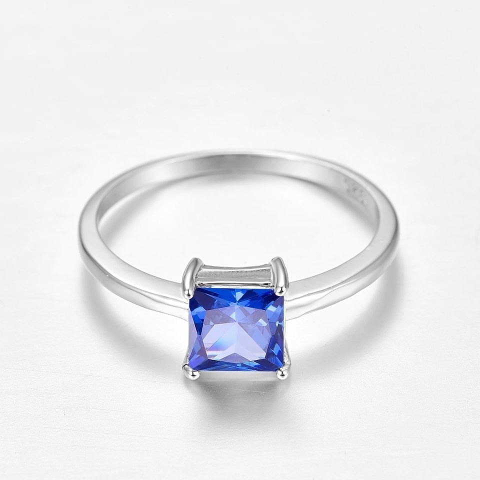 925 Sterling Silver Square Blue Tanzanite Solitaire Ring