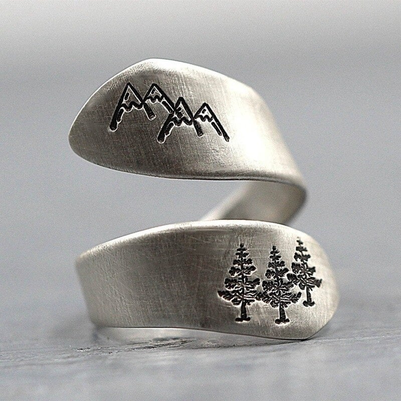 Engraved Wide Mountain Peak Open Silver Ring