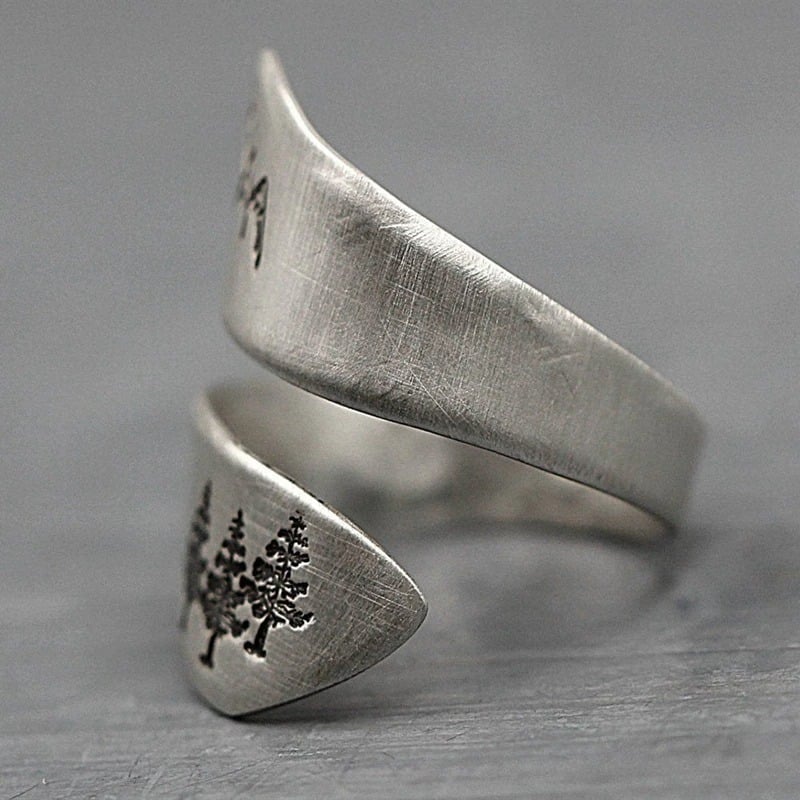 Engraved Wide Mountain Peak Open Silver Ring