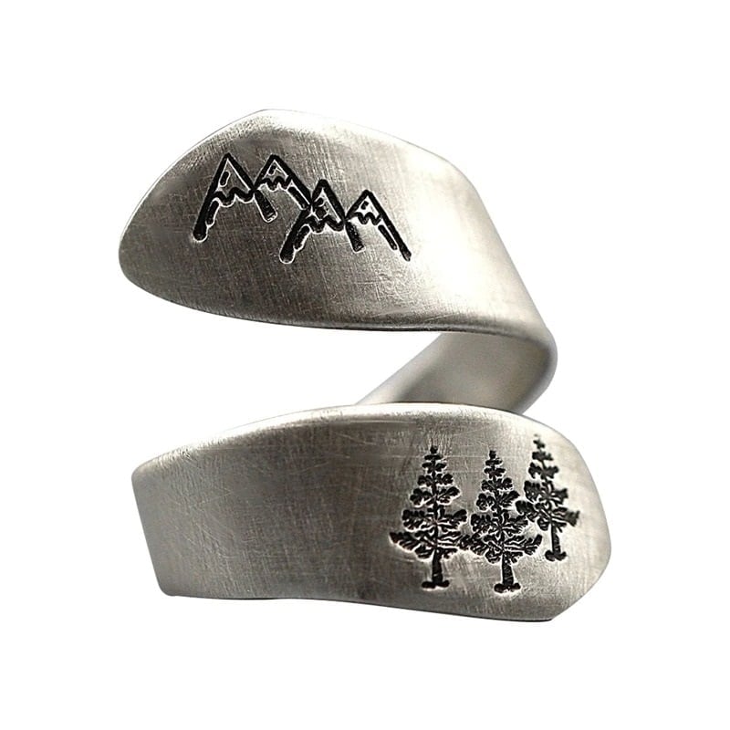 Engraved Wide Mountain Peak Open Silver Ring