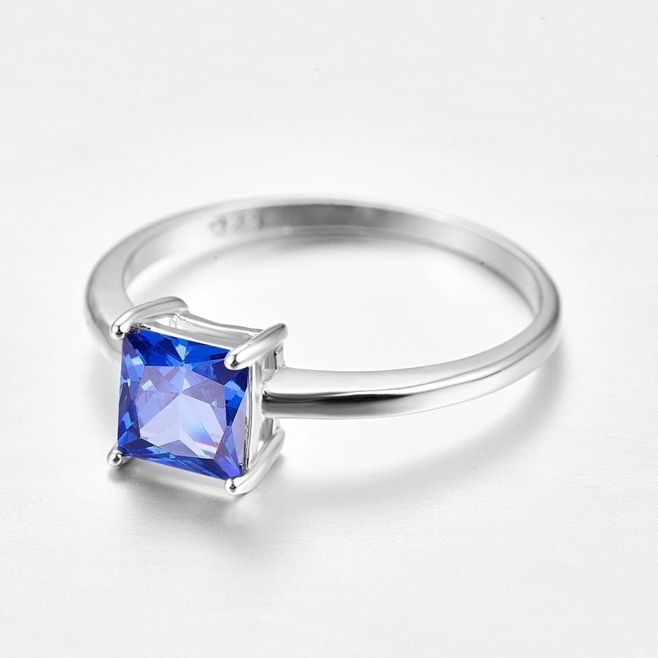 925 Sterling Silver Square Blue Tanzanite Solitaire Ring