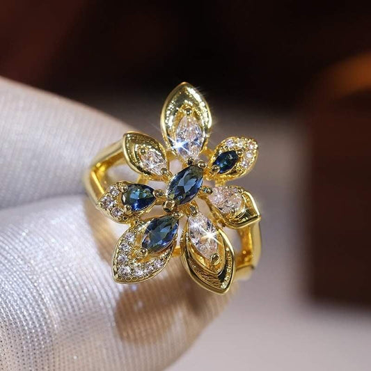 925 Silver Blue & White Marquise Teardrop Flower Gold Tone Ring