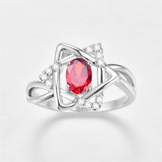 925 Sterling Silver Red Oval Hexagonal Star Inlaid Ring