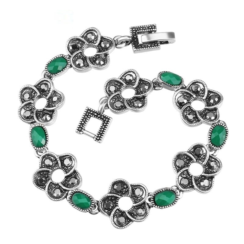 Vintage Bohemian Antique Silver Green Resin Crystal Flower Bracelet