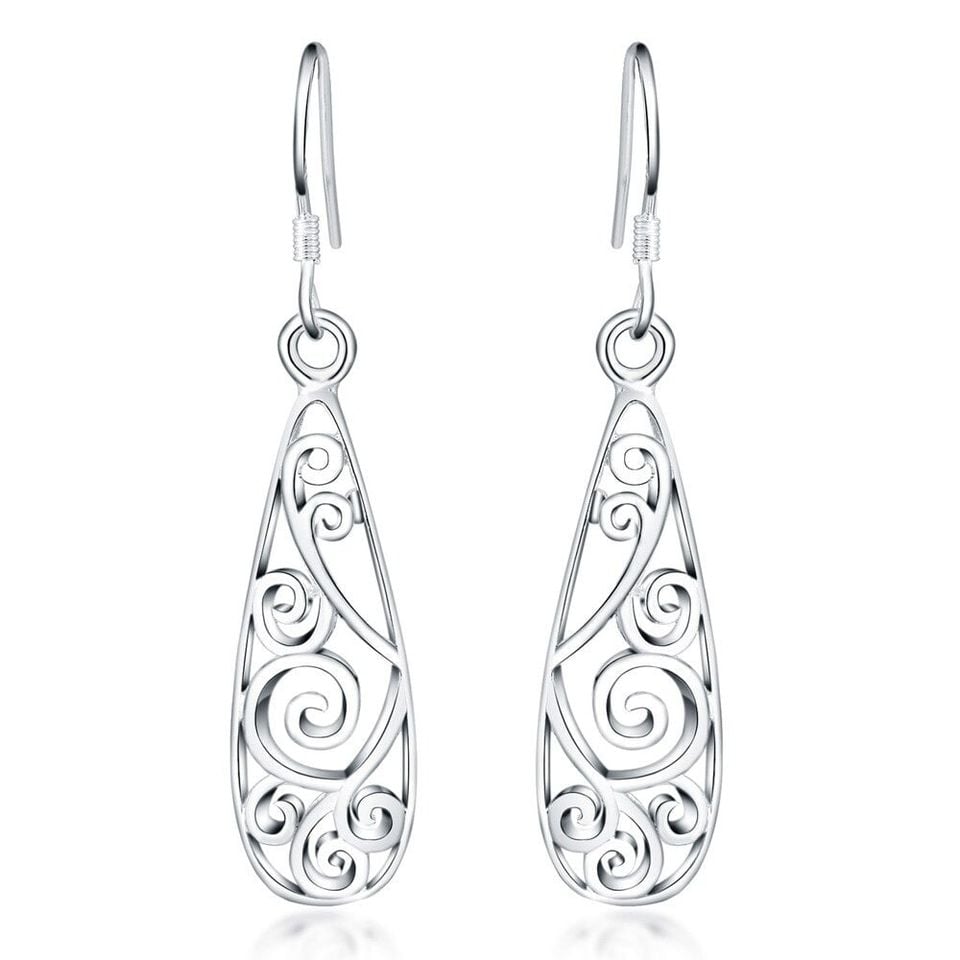 925 Sterling Silver Teardrop Pear Hollow Swirl Earrings