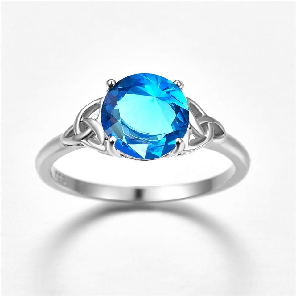 925 Sterling Silver Round Aquamarine Blue Solitaire Celtic Ring