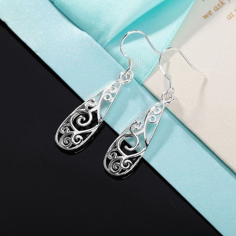 925 Sterling Silver Teardrop Pear Hollow Swirl Earrings