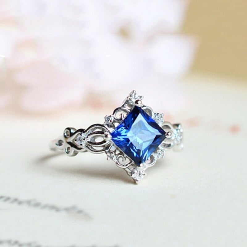 Blue Princess Cut Crown Halo Silver Ring