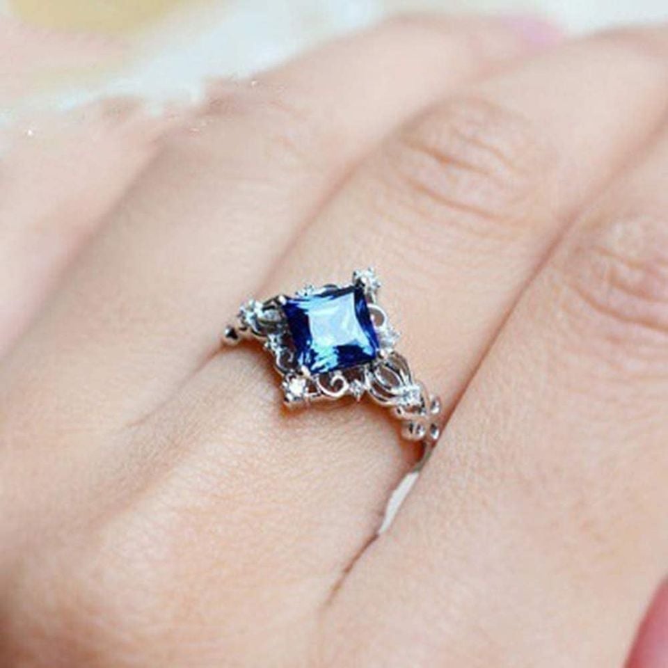 Blue Princess Cut Crown Halo Silver Ring