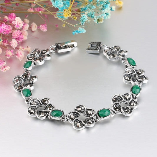 Vintage Bohemian Antique Silver Green Resin Crystal Flower Bracelet